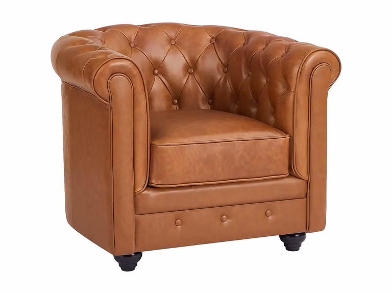 Sillón Chesterfield Vente-Unique de piel de vaca color marrón con estructura de madera sólida