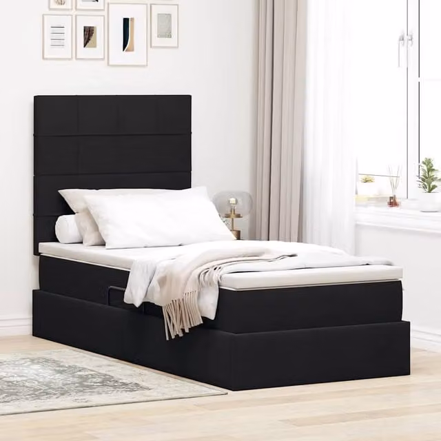 Cama de almacenamiento Maison Exclusive con colchón, iluminación LED y puerto USB, tapizada en terciopelo negro, An/P/Al: 90 x 200 x 204 cm