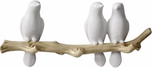 Perchero ornamental de pared ODIPIE con diseño orgánico de 3 pájaros en color blanco, fabricado en cerámica y plástico