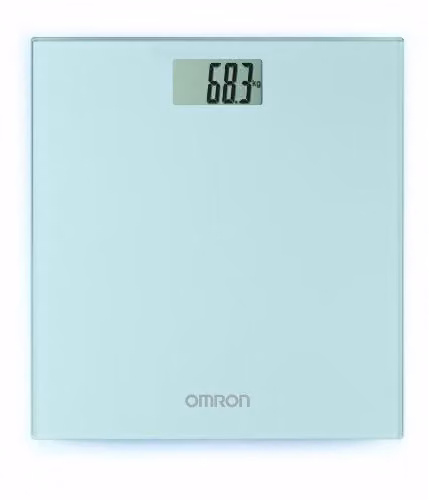 Báscula personal digital Omron HN289 con pantalla digital y diseño de cristal en color gris o turquesa