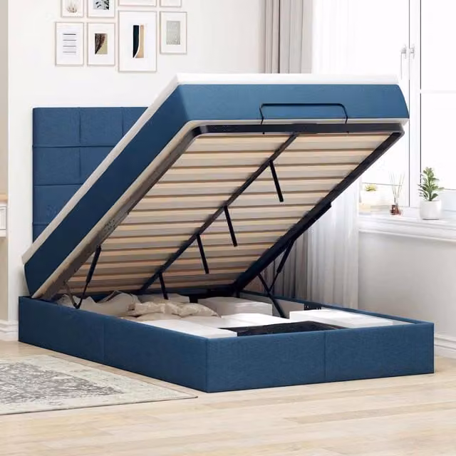 Estructura de cama otomana con colchón Maison Exclusive en tela azul y blanca, An/P/Al: 120 x 200 x 28 cm