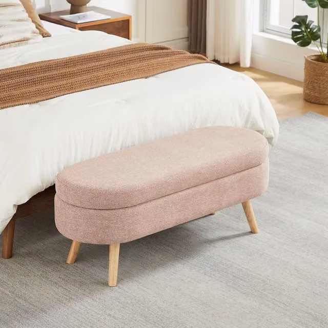 Banco moderno con espacio de almacenamiento KELLANY en color rosa con funda de chenilla y largo de 110 cm