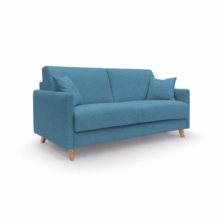 Sofá cama convertible click clack Divani.Store de microfibra azul con estructura de madera y reposabrazos de estilo escandinavo de 180 cm