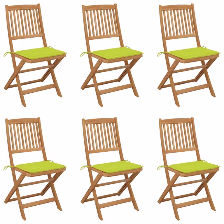 Set de 6 sillas de jardín plegables Syfax de madera de acacia con cojines verdes de poliéster resistente a los rayos UV