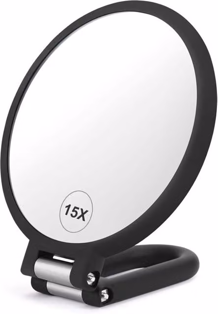 Espejo de aumento de doble cara XISRENS con aumento de 1x a 15x, diseño redondo y plegable en color negro para tu tocador o viajes