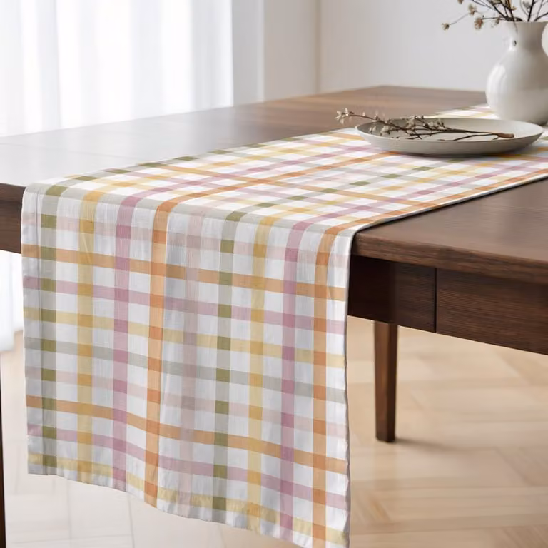 Camino de mesa rectangular de algodón orgánico Muare Home multicolor con diseño de cuadros An/P: 150 x 50 cm