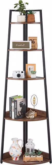 Estantería esquinera Vevor de 5 niveles con estructura de metal y MDF en color negro y marrón, ideal para salón, dormitorio u oficina, Altura: 178 cm, Ancho: 43 cm, Profundidad: 27 cm