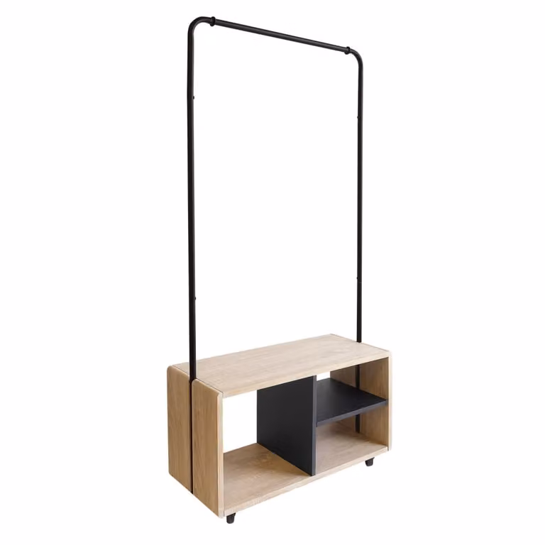 Perchero de ropa moderno BOX & BEYOND de metal negro y madera marrón con ruedas, An/P/Al: 72 x 31 x 153 cm