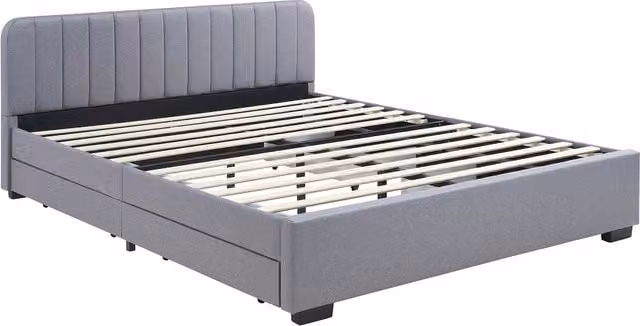 Cama de matrimonio Nofrenna en.casa tapizada en lino gris con 4 cajones de almacenamiento An/P/Al: 161 x 204 x 79 cm