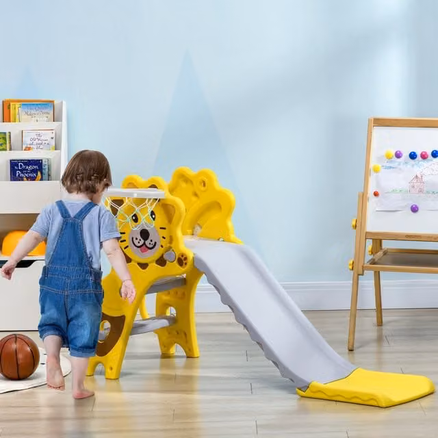 Tobogán infantil AIYAPLAY con aro de baloncesto para interior y exterior, amarillo y gris