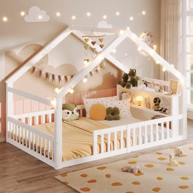 Cama Infantil MODENVIE con Estructura de Casita, Estantes Integrados y Luz de Lectura, Madera de Pino y MDF, Blanco, An/P/Al: 140 x 190 x 158 cm