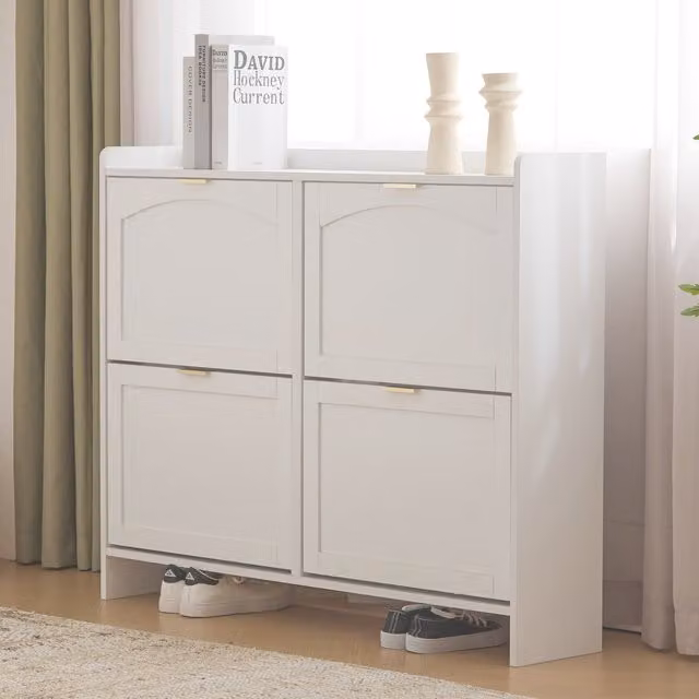Zapatero MODENVIE con 4 puertas abatibles y nichos abiertos para recibidor, Blanco, An/P/Al: 110 x 24 x 90 cm