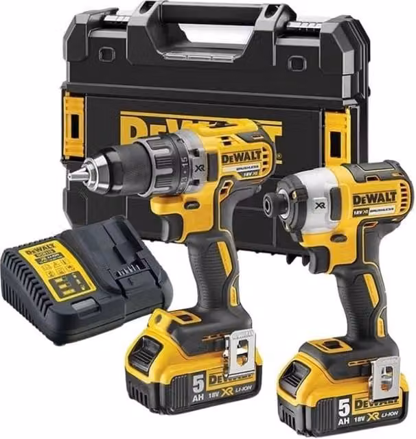 Kit de 2 herramientas DeWalt XR 18V con batería de 4.0 Ah: taladro/atornillador compacto DCD791 y atornillador de impacto DCF887 en color amarillo y negro
