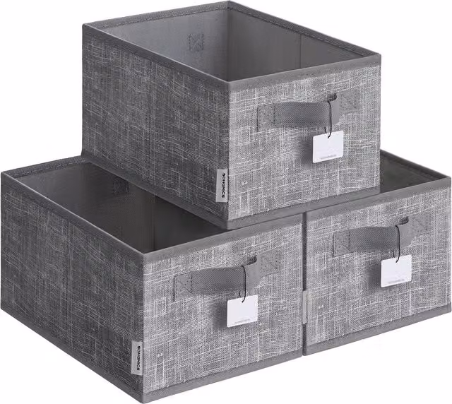Juego de 3 cajas de almacenaje plegables Songmics de tela gris con asas y portaetiquetas, An/P/Al: 30 x 20 x 15 cm