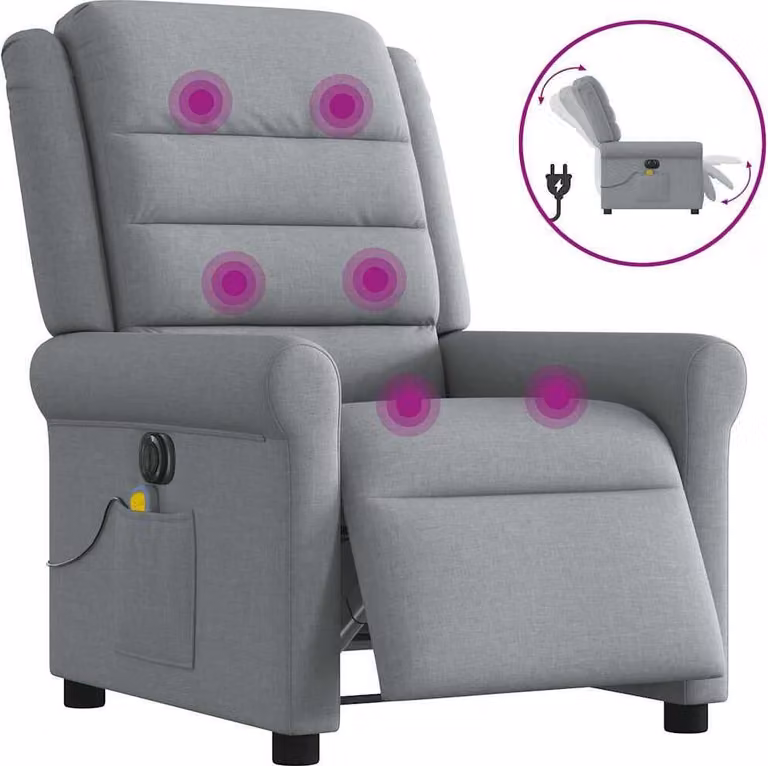 Sillón reclinable de masaje eléctrico Syfax en tela gris con estructura de madera y metal An/P/Al: 73 x 91,5 x 102,5 cm