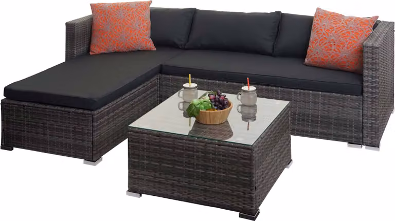 Juego de muebles de jardín y terraza Mendler en polirratán gris con sofá de 3 plazas, mesa de centro y cojines decorativos