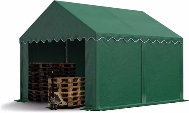 Carpa de almacenamiento Toolport impermeable de PVC y acero galvanizado en color verde oscuro, An/P/Al: 4 x 3 x 1,2 m