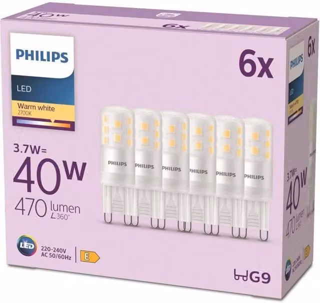 Ampolla LED Philips Capsule G9 de 3,7 W con luz blanca cálida de 2700 K