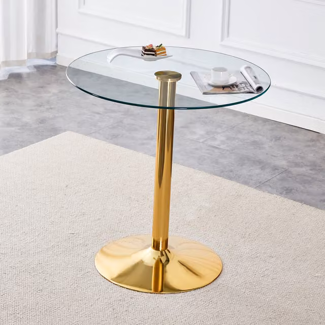 Mesa de bar redonda OKWISH con base de columna central en metal dorado y sobre de vidrio templado transparente, An/P/Al: 89 x 89 x 92 cm