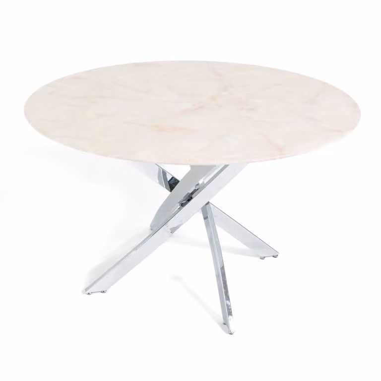 Mesa de interior redonda Siediti Fuori e Dentro con tablero de vidrio rosa y plata, Diámetro: 120 cm, Altura: 76 cm