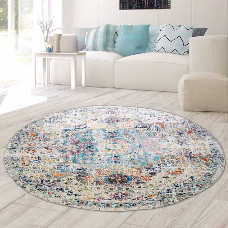 Alfombra oriental vintage Teppich-Traum multicolor y beige para interior y exterior, forma redonda, Diámetro: 120 cm