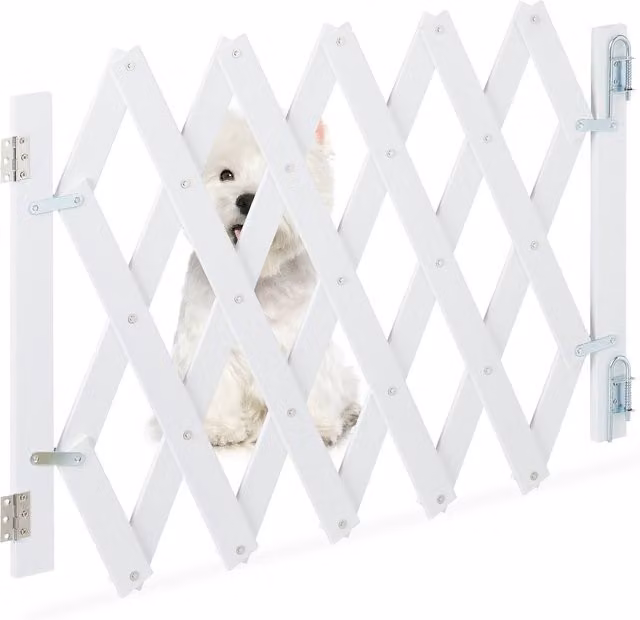 Barrera de seguridad extensible Relaxdays de bambú y metal para puertas y escaleras, blanca, An/P/Al: 34,5-108,5 x 47,5-60 cm