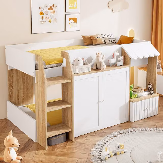 Cama infantil con forma de casita KELLANY de madera maciza con escalera y espacio de almacenamiento, An/P/Al: 90 x 200 x 178.7 cm