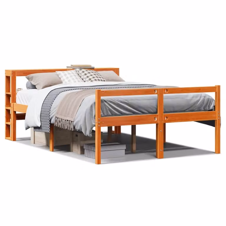 Estructura de cama con cabecero de madera de pino de vidaXL en color marrón con acabado encerado, An/P/Al: 135 x 190 cm