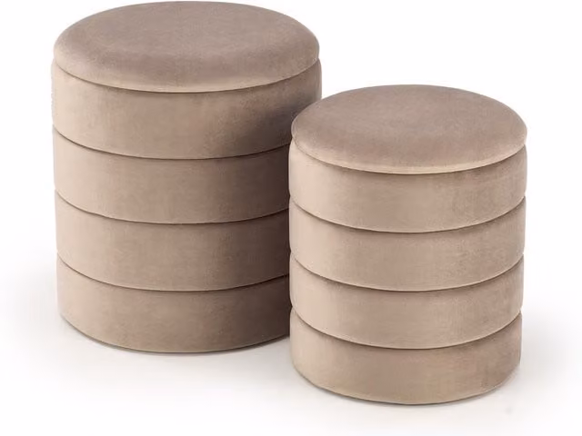 Conjunto de pufs Houston Comfivo beige con tapiz de terciopelo y caja de almacenamiento, Diámetro: 40 cm, Altura: 44 cm