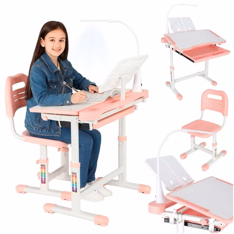Conjunto de escritorio, silla y estantería infantil Northio en rosa y blanco con altura ajustable y diseño moderno