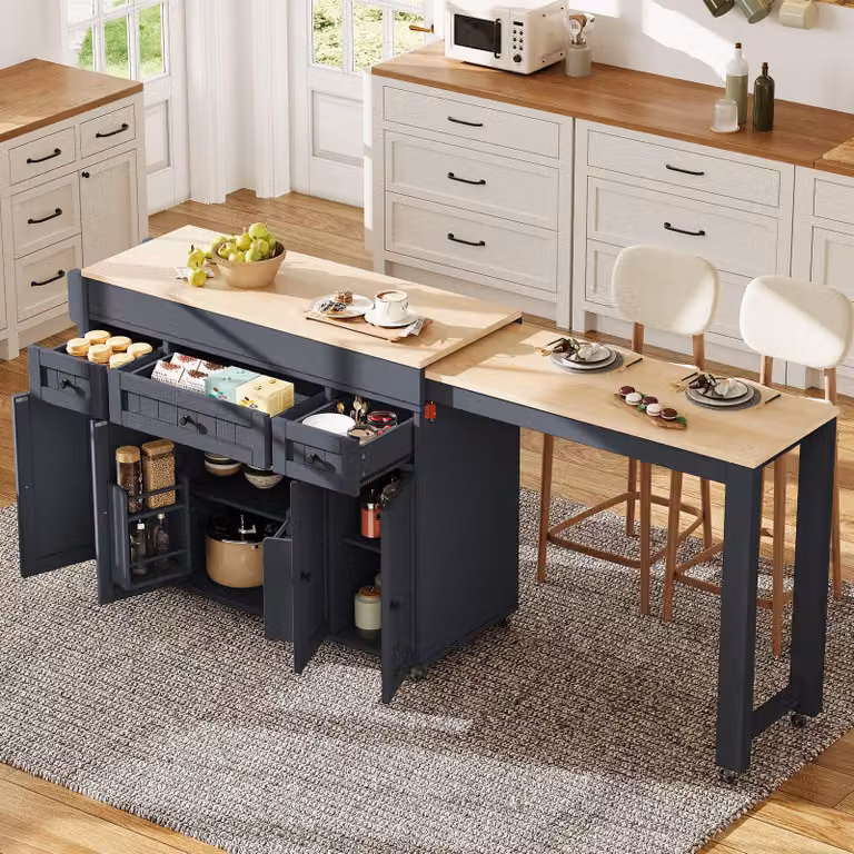 Isla de cocina MODFU con encimera extensible, carro de servicio con 3 cajones, estante para especias y almacenamiento flexible, color gris