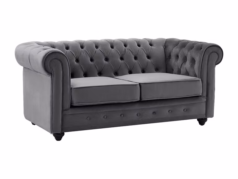 Sofá Chesterfield de 2 plazas tapizado en terciopelo antracita con estructura de madera sólida de VENTE-UNIQUE An/P/Al: 165 x 88 x 72 cm