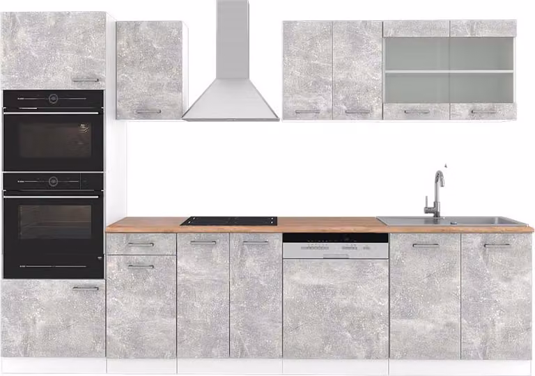 Mueble de cocina Vicco R-Line de 300 cm con armario alto en acabado Roble y Gris con puertas de MDF y estantes abiertos
