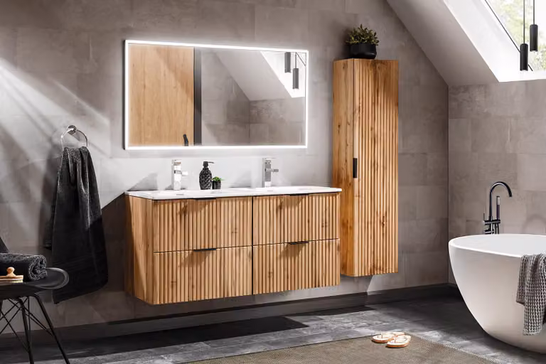 Conjunto de baño moderno DMK con mueble lavabo, armario alto, espejo con iluminación LED y acabado roble marrón An/P/Al: 120 x 46 x 40 cm