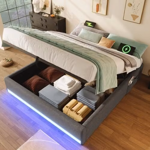 Cama con arcón OKWISH de 140 x 200 cm en color gris con iluminación LED, puertos USB y Type-C, sin cabecero y sin colchón