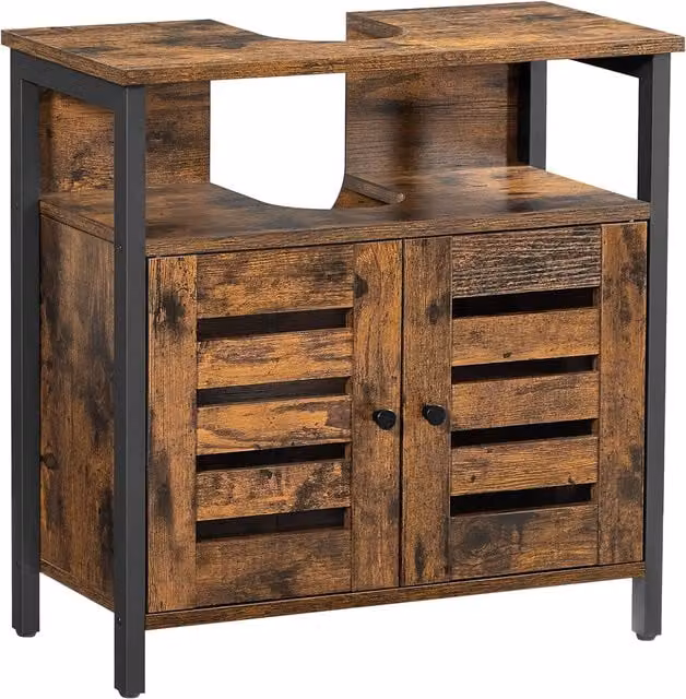 Mueble de lavabo de baño VASAGLE con estructura de metal, puertas de persiana y estantes ajustables, color marrón y negro, An/P/Al: 60 x 30 x 60 cm