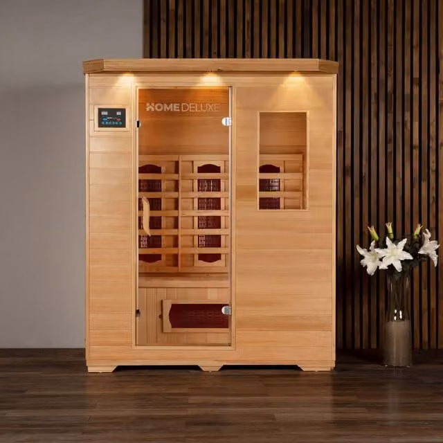 Cabina de infrarrojos Home Deluxe REDSUN L para 3 personas, color marrón con acabado de madera, An: 153 cm, P: 110 cm