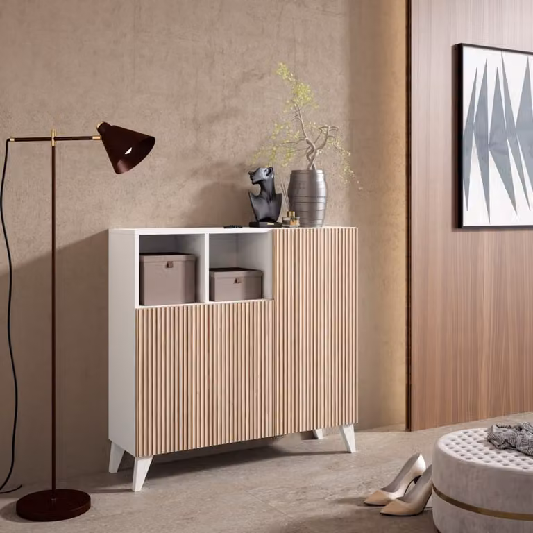 Zapatero HERDASA en melamina blanco con puertas efecto listones y cierre suave An/P/Al: 87 x 27 x 90 cm