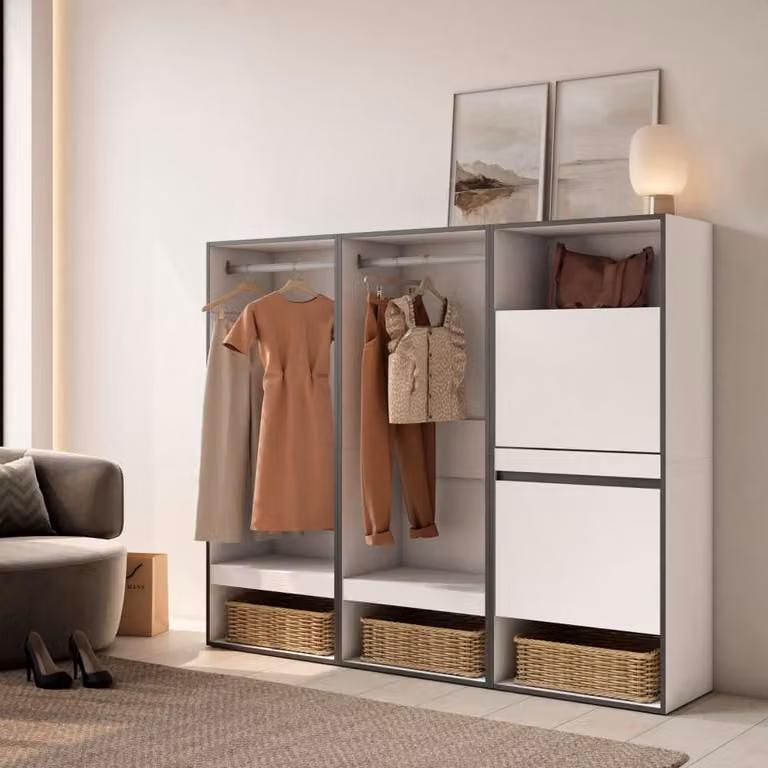 Vestidor abierto SKRAUT HOME moderno en blanco y negro con estantes internos y barra para colgar, An/P/Al: 180 x 35 x 145 cm