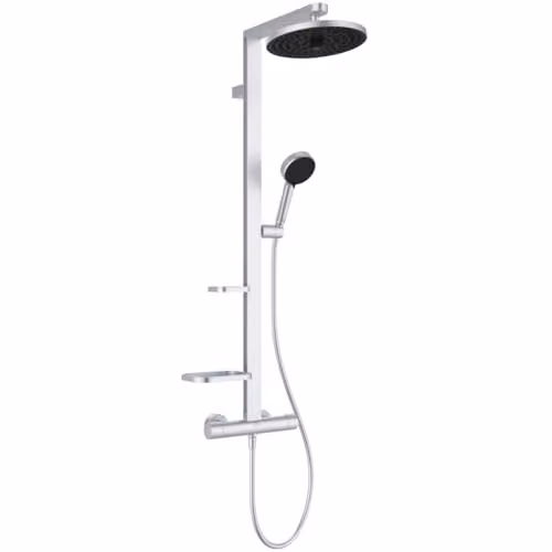 Sistema de ducha termostática Ideal Standard Ceratherm Alu+ en plata cepillado con columna rígida, cabezal de lluvia y ducha de mano