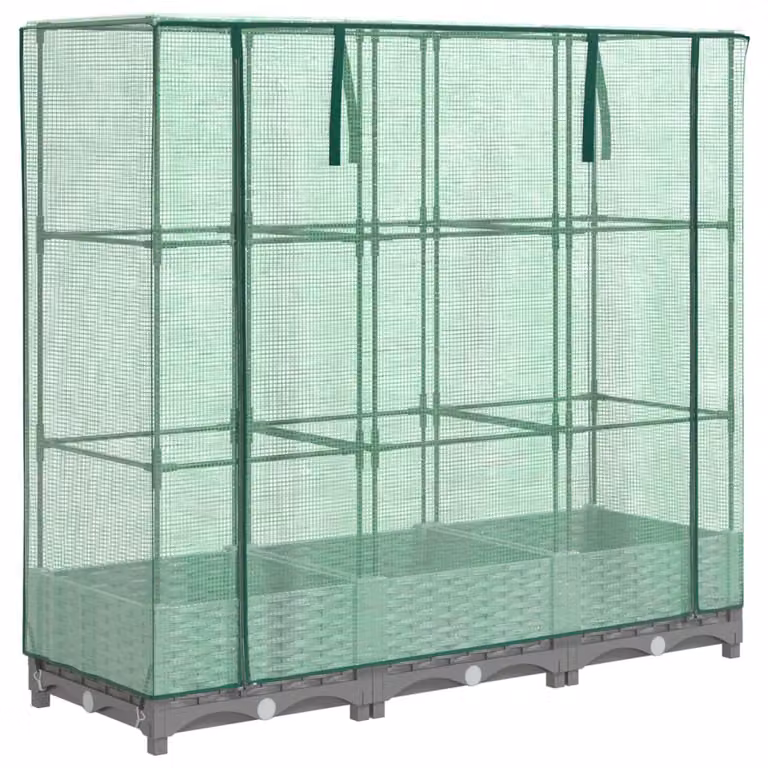 Arriate elevado Syfax con cubierta de invernadero aspecto ratán en gris y verde An/P/Al: 120 x 40 x 123 cm