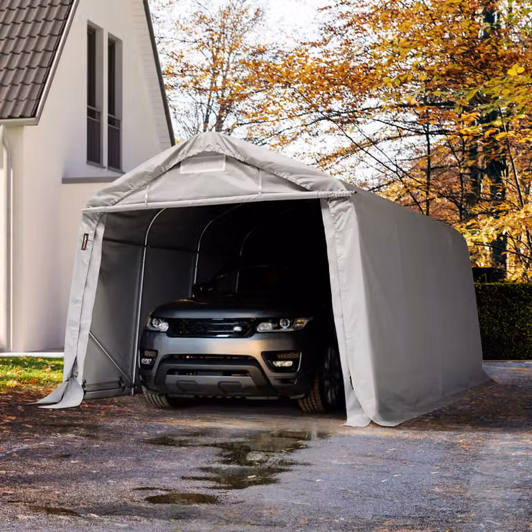 Carpa de garaje TOOLPORT gris con estructura de acero galvanizado y cubierta de PVC impermeable An/P/Al: 4,8 x 3,3 x 3,3 m
