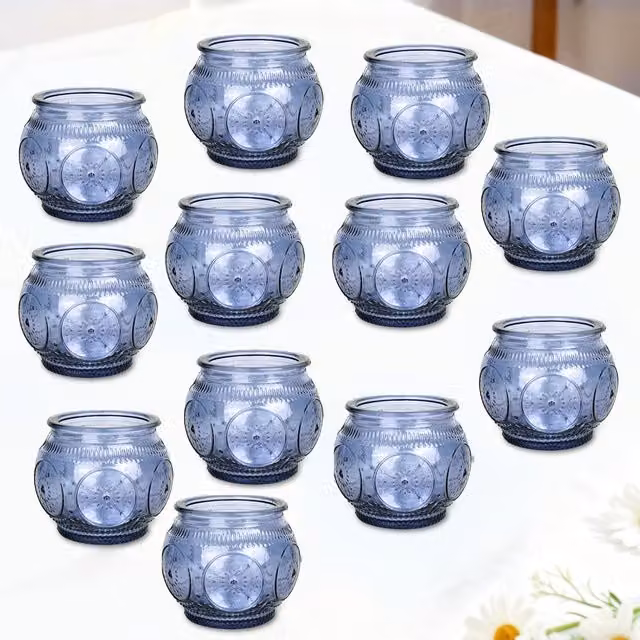 Juego de 12 candelabros de vidrio azul transparente Neptune con diseño de rayas para mesa y decoración de bodas