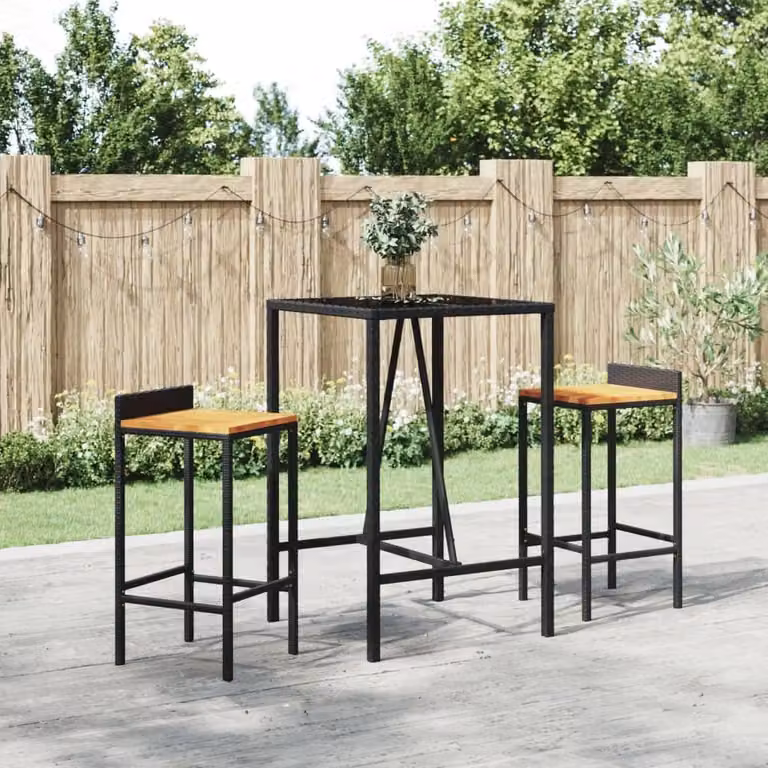Mesa alta de bar Syfax en ratán negro con superficie de vidrio, An/P/Al: 70 x 70 x 110 cm