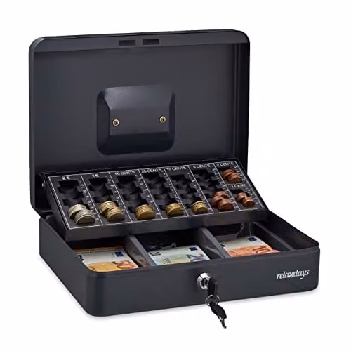Caja de dinero Relaxdays con cierre y contador de monedas en acero, color gris, An/P/Al: 30,5 x 23,5 x 9 cm