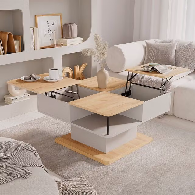 Mesa de centro Movira de Vicco en color beige con compartimentos y mecanismo de elevación, An/P/Al: 80 x 45 x 45 cm