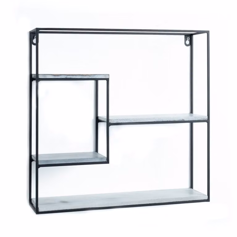 Estantería de pared cuadrada Oresteluchetta de metal negro mate y madera blanca, An: 40 cm, P: 10 cm, Al: 40 cm