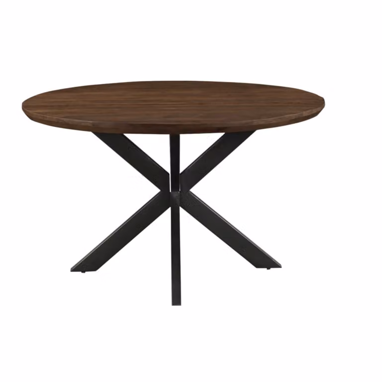 Mesa de comedor redonda MOLOO de madera de mango con estructura de metal en color marrón y negro, Diámetro: 150 cm