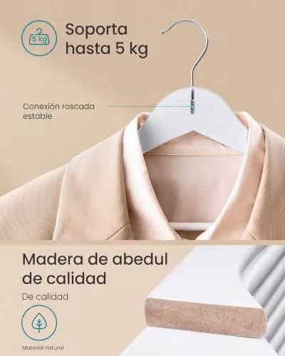 Set de 30 perchas de madera de abedul SONGMICS en color blanco con gancho giratorio y muescas para ahorrar espacio