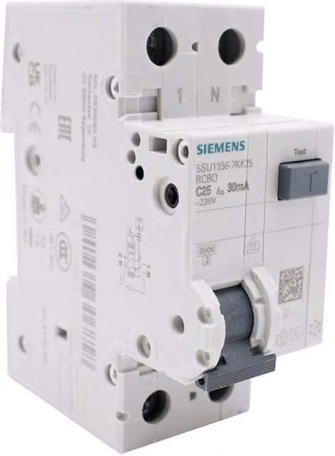 Interruptor magnetotérmico diferencial RCBO Siemens 25A 6kA 1P+N 30mA Tipo A Blanco